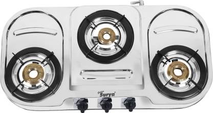 Golden Surya Premium Jointless Stainless Steel Frame, 3 Brass Burner, 18 Months Warranty LPG Stainless Steel Manual Gas Stove