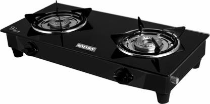 Baltra Glimmer Glass Top Gas Stove 2 Brass Burner Manual Ignition, Black Glass Manual Gas Stove