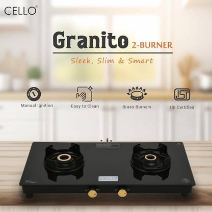 CELLO Granito 2 Burner Black Gas Cooktop, Dual Shade Toughened Glass, ISI Certified Glass Manual Gas Stove