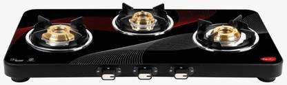 Pigeon Cosmic 3 Burner (With SABAF Burners, Mixing Tube and Valves) Glass Manual Gas Stove
