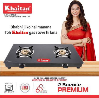 Khaitan 2 Burner Premium Black Glass Manual Gas Stove