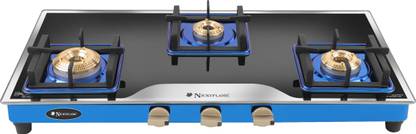 Nickyflame TURBO - Premium Elite Mirror Black Glass with Blue Mirror Finish Frame Cooktop Stainless Steel Manual Gas Stove