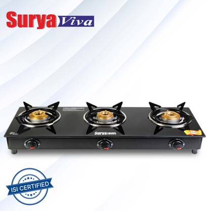 SURYAVIVA 3B Photon Bk Toughened 3 Cast Iron (Manual,Black) Glass Manual Gas Stove  (3 Burners) at Rs. 1399