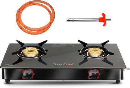 Greenchef Ebony Pro 2BR ( Hose Pipe + Lighter ) Glass Manual Gas Stove