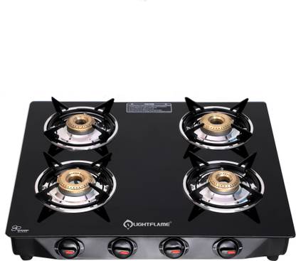 LIGHTFLAME 4 Burner Smart ISI Certified Toughened Glass With 1 Year Warranty Glass Manual Gas Stove