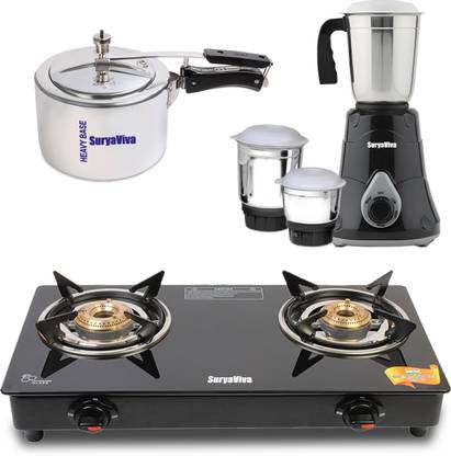 SURYAVIVA Photon 2B Combo Victo Mixer Grinder 750 Watt + Cooker 3 Ltr Glass Manual Gas Stove