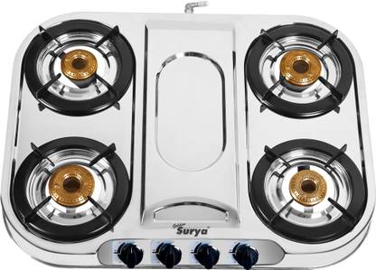 Golden Surya Premium Stainless Steel 4 Brass Burner Gas Stove, With Lighter Free Stainless Steel Manual Gas Stove