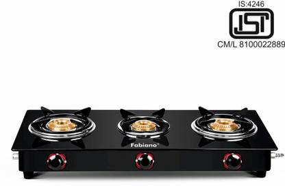 Fabiano 3 Burner Slight ISI Certified LPG To PNG Convertible With Brass Burners Glass Manual Gas Stove