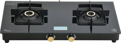 CELLO Black Pearl 2 Burner Toughened Glass Top Gas Stove, Brass Burners, Black Finish Glass Manual Gas Stove