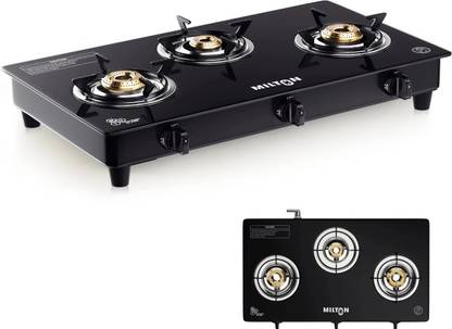 MILTON Premium Pro 3 Burner Auto Ignition Gas Stove | 6mm Glass Top | 360° Nozzle Glass Automatic Gas Stove