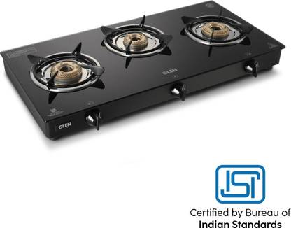 Glen LPG Rapid GT BLK ISI Gas stoves 3 Burner Glass Manual Gas Stove