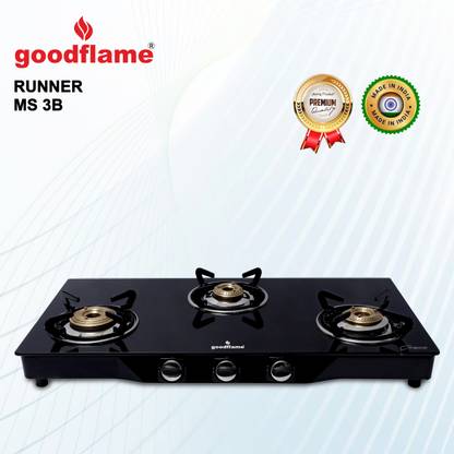 goodflame byGOOD FLAME Runner 3B MS BK Toughened Glass 3 Brass Burner Gas Stove(Manual Ignition) Glass Manual Gas Stove
