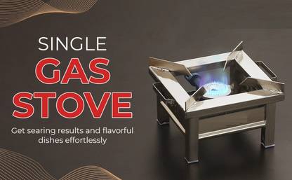 NETVULL Single Burner Stainless Steel Square Gas Stove/Bhatti with Fitted Brass Nut Stainless Steel Manual Gas Stove