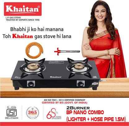 Khaitan Gas Stove Combo - 2B Nano + 1 HF Lighter + 1 HF Hose pipe Glass Manual Gas Stove