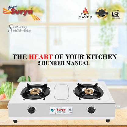 Golden Surya ISI Certified PNG 2 Burner Gas Stove | High-Efficiency Brass Burners | PNG Use" Stainless Steel Manual Gas Stove