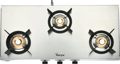 Golden Surya ISI Certified 3 Burner Gas Stove | Heavy Duty Stainless Steel Frame | LPG Use Stainless Steel Manual Gas Stove