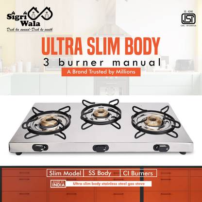 Sigri-wala Surya Primecook Manual Ultra Slim SS Stainless Steel Manual Gas Stove