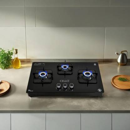 CELLO Crysta Automatic Ignition Hob Top 8 MM Black Glass Automatic Gas Stove