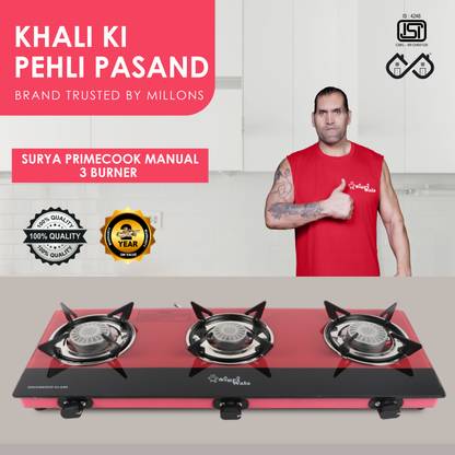 Sigri-wala Razor 3B Toughened Glass Tornado Burner(Pink) Glass Manual Gas Stove (3 Burners) Glass Manual Gas Stove