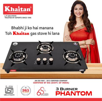 Khaitan 3 Burner Phantom Black Toughened Glass Automatic Hob