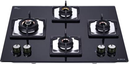 Elica Hob 4 Burner Gas Stove-3 Mini Triple Ring &1 Double Ring Brass Flexi AB HCT 460 Glass Automatic Hob