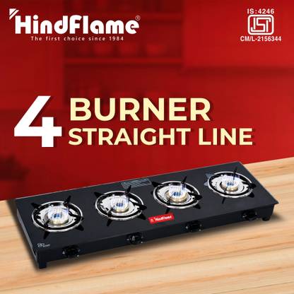 Hindflame 4 Burner Straight Line Black Glass Manual Gas Stove