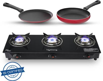 Lifelong LLCMBGS03 Combo – Cooktop + Flat tawa + Fry Pan Top Glass Manual Gas Stove  (3 Burners) at Rs. 2799