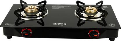 MILTON Nano 2 Burner MS Frame Glass Top Gas Stove with Brass Burners Glass Manual Gas Stove