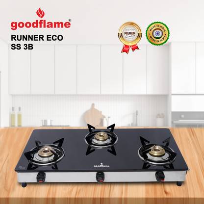 goodflame Max Eco 3B SS Bk Toughened Glass 3 Brass Burner Gas Stove ISI Certified Glass Manual Gas Stove