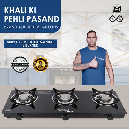 Sigri-wala Plain Sleek 3B Toughened Glass Tornado Burner(Bk) Glass Stove Glass Manual Gas Stove