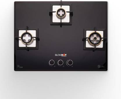 BLOWHOT Gas Hob Auto Ignition Heavy Brass 3 Burner 1 Year Warranty 8mm Toughened Glass, Iron Automatic Hob