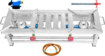 Cay Two Burner Stainless Steel Rectangle Gas Stove/ Bhatti with Fitted Brass Nut Hose Pipe, High Pressure Regulator, Valve and Gas Lighter (36 L X 12 W X 9 H Inch, Silver) Stainless Steel Manual Gas Stove