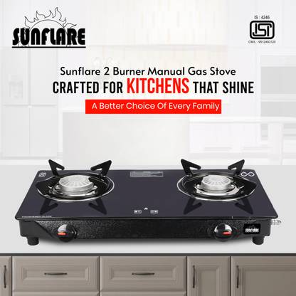 Sunflare Cute 2B Toughened Glass Tornado Burner(Bk) Glass Manual Gas Stove(2 Burners) Glass Manual Gas Stove