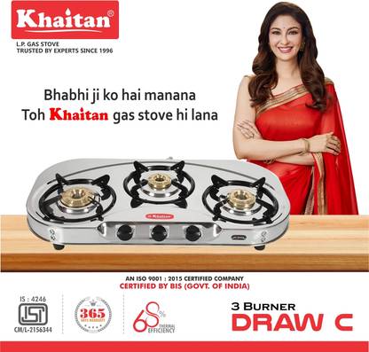 Khaitan 3 Burner Draw "C" (with extra big party cooking burner) Stainless Steel Manual Gas Stove