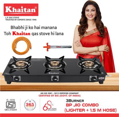 Khaitan Gas Stove Combo - 3B BP Jio + 1 HF Ligher + 1 HF Hose pipe Glass Manual Gas Stove