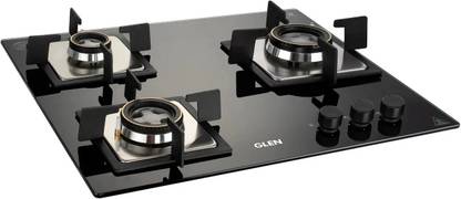 Glen Gas Stoves 3 Burner Built in Glass Hob with Double Ring Forged Brass Burner Glass Automatic Hob