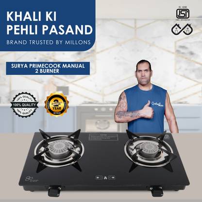 Sigri-wala Sleek Plain 2B Toughened Glass Tornado Burner(Bk)Glass Stove Glass Manual Gas Stove