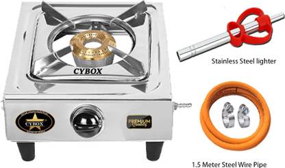CYBOX Premium Single Gas Stove With ISI Gas Pipe And Lighter Stainless Steel Manual Gas Stove