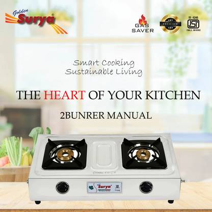Golden Surya ISI Certified 2 Burner Gas Stove | High-Efficiency Brass Burners | LPG Use" Stainless Steel Manual Gas Stove