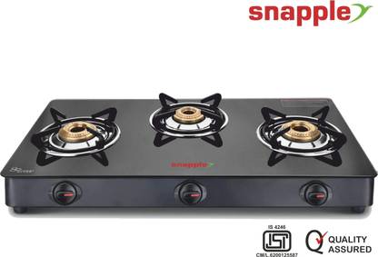 Snapple 3 Burner Glass Cooktop Gas Stove for Kitchen | Manual Ignition | Toughened Glass Manual Gas Stove