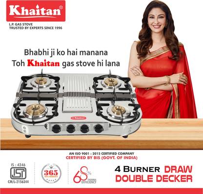 Khaitan 4 Burner Draw Double Decker (with extra big party cooking ) Stainless Steel Manual Gas Stove