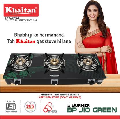 Khaitan 3 Burner BP-JIO Green Digital Toughend Glass Manual Gas Stove