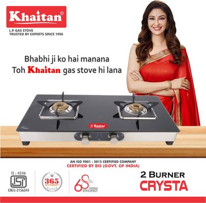 Khaitan 2 Burner Crysta SS Black Toughened Glass Manual Gas Stove