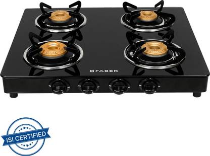 FABER COOKTOP DAISY 4BB BK|Powder Coated Pan Support | Brass Burners|Easy Cleaning | Glass Manual Gas Stove