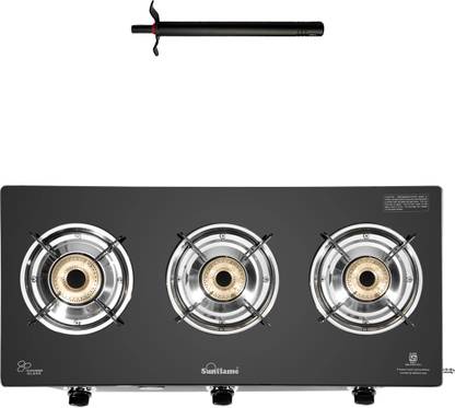 Sunflame Maleo 3 Burner Gas Stove with Lighter Glass Manual Gas Stove