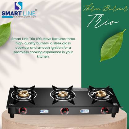 SMART LINE 3 Burner Trio, LPG Stove, Black Color, ISI Marked, 1 Year Warranty Iron Manual Gas Stove