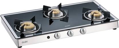 Glen 3 Burner Mirror Finish Glass Gas Stove with Forged Brass Burner Glass Automatic Gas Stove