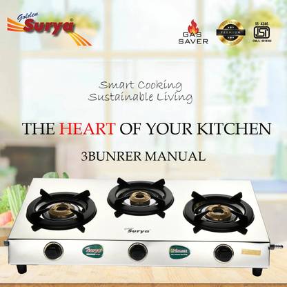 Golden Surya ISI Certified PNG 3 Burner Gas Stove | High-Efficiency Brass Burners | PNG Use" Stainless Steel Manual Gas Stove