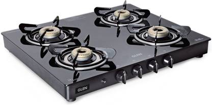 Glen 4 Burner Glass Gas Stove with Forged Brass Burner Auto Ignition (1041GTFBBLAI) Glass Automatic Gas Stove