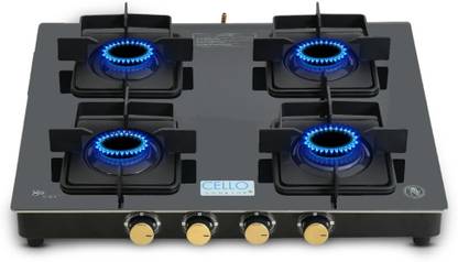CELLO Black Pearl 4 Burner Toughened Glass Top Gas Stove, Brass Burners, Black Finish Glass Automatic Gas Stove